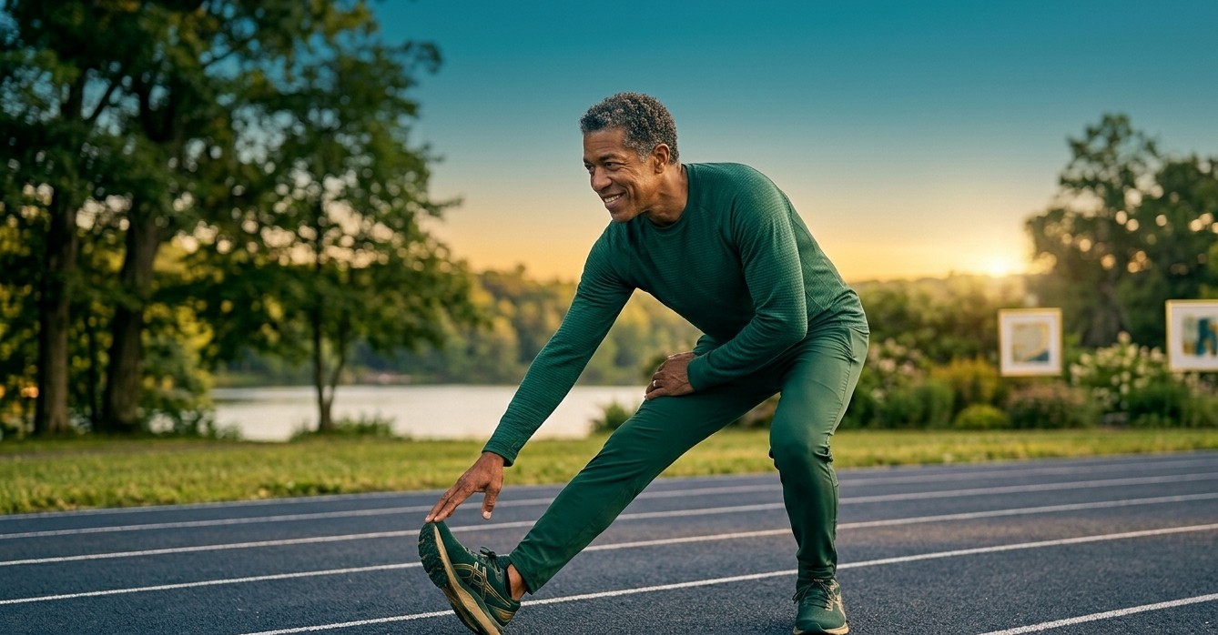 Fit man stretching on running track - sports injury recovery